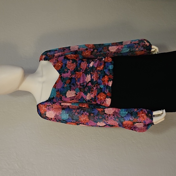 Vtg SO Purple Floral Corset Style Long Sleeve Chiffon Peasant Off Shoulder Top - Picture 2 of 11